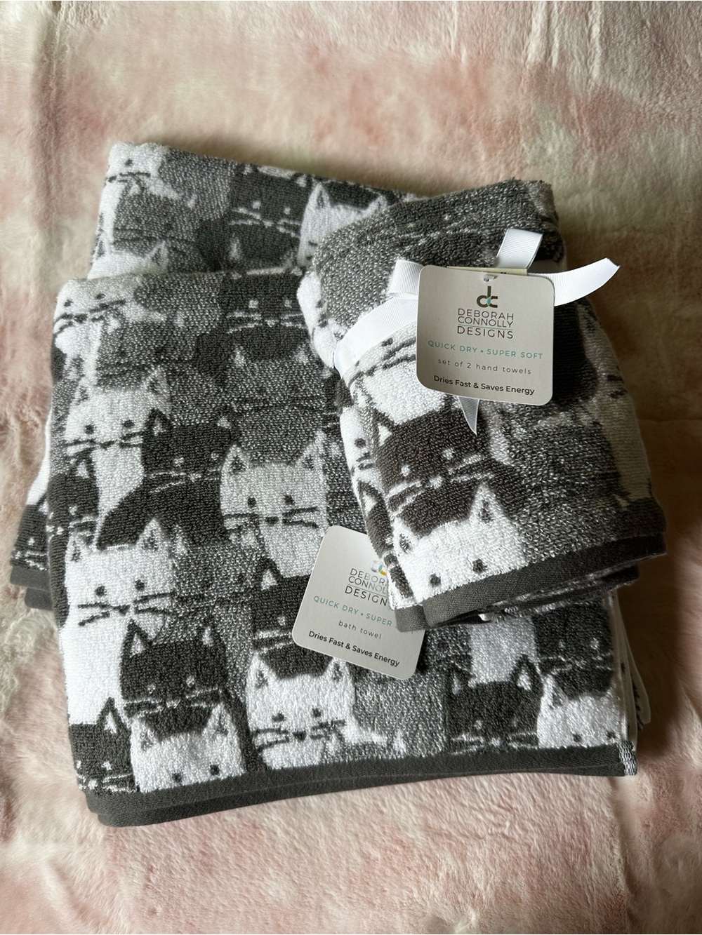 Gray Cat Print Set of 2 Bath + Hand Towels - Deborah Connolly Designs NWT